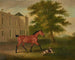 Un cheval alezan et un chien devant Humewood Manor près de Wicklow - John Ferneley — weergave van het kunstwerk