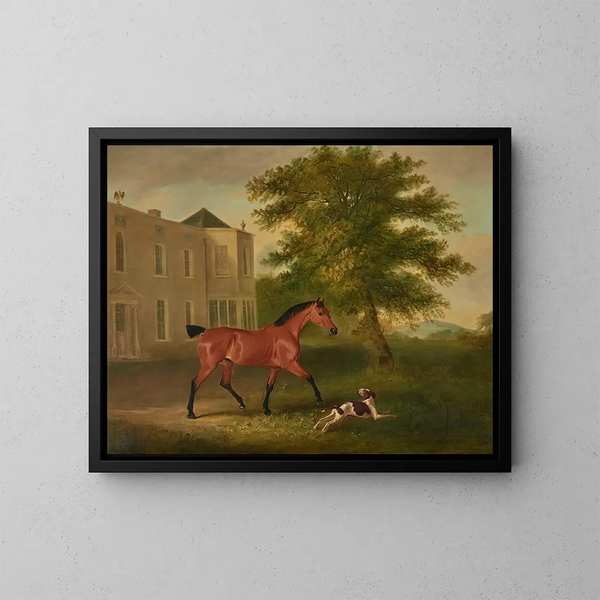 Un cheval alezan et un chien devant Humewood Manor près de Wicklow - John Ferneley — ingelijst kunstwerk aan de muur