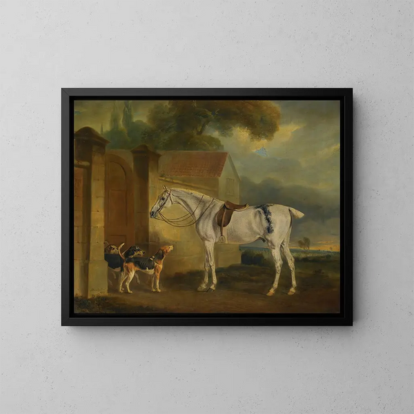 De grijze paard getekend door Lord Lonsdale in Cottesmore met de honden van Cottesmore - John Ferneley — ingelijst kunstwerk aan de muur