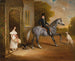 van Schilderij Maître John Marriott op een grijze paard met zijn zus Annis en hun honden voor de Elms in Cropwell Butler - John Ferneley — weergave van het kunstwerk