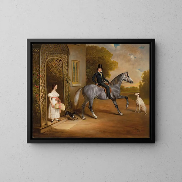 van Schilderij Maître John Marriott op een grijze paard met zijn zus Annis en hun honden voor de Elms in Cropwell Butler - John Ferneley — ingelijst kunstwerk aan de muur