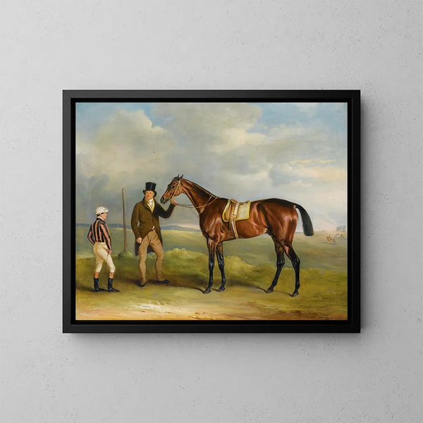 Het koor van de markies van Cleveland, winnaar van de St Leger van 1831, gehouden door zijn trainer John Smith met de jockey John Bartham, dag te Doncaster - John Ferneley — ingelijst kunstwerk aan de muur