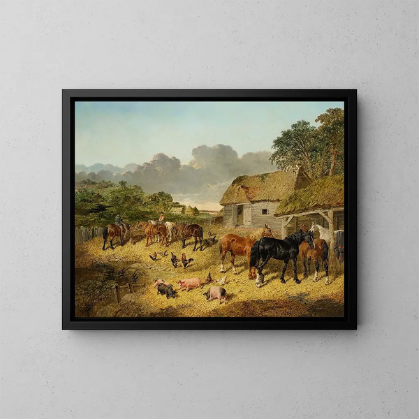 van paarden drinkend bij een drinkbak met varkens en kippen in een boerderijtuin - John Frederick Herring Jr. — ingelijst kunstwerk aan de muur