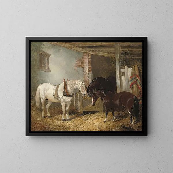Drie paarden in een stallen die zich voeden bij een voerbak - John Frederick Herring Jr. — ingelijst kunstwerk aan de muur