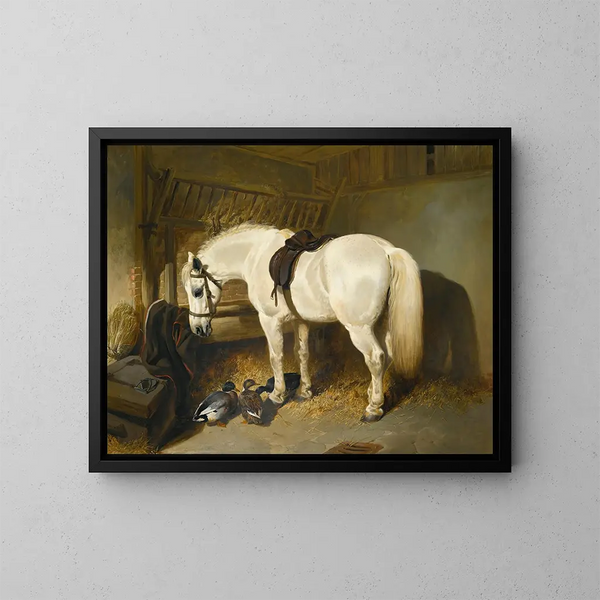 Een grijze pony in een stallen met eenden - John Frederick Herring de Oudere — ingelijst kunstwerk aan de muur