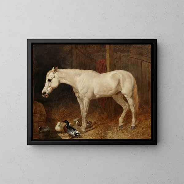 Een grijze paard in een stallen - John Frederick Herring de Oude — ingelijst kunstwerk aan de muur