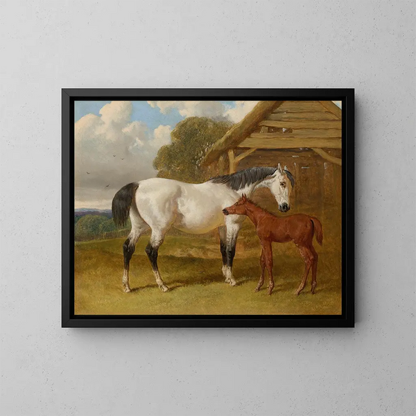 van een merrie en haar veulentje bij een schuilplaats in het veld - John Frederick Herring de Oudere — ingelijst kunstwerk aan de muur