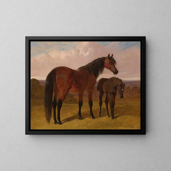 van een merrie en haar veulentje in een landschap - John Frederick Herring de Oudere — ingelijst kunstwerk aan de muur