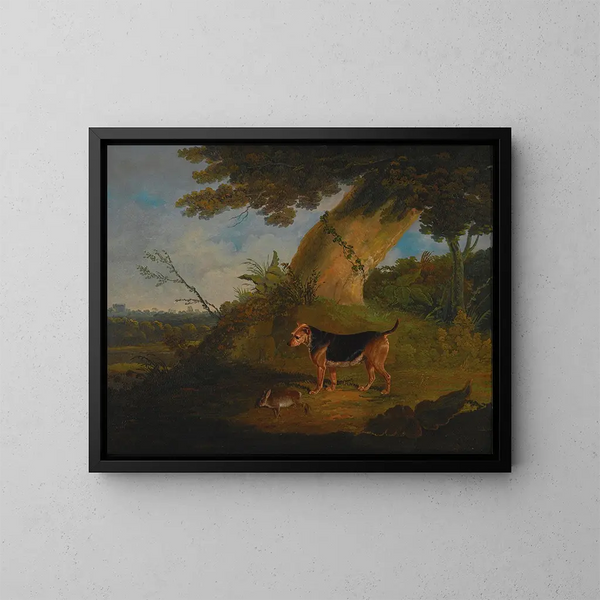 van een zwart en vuur terrierschilderij met een aangebracht konijn - John Frederick Herring de Oude — ingelijst kunstwerk aan de muur