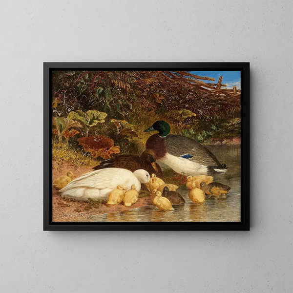 van Eenden en eendjes bij een vijver - John Frederick Herring de Oude — ingelijst kunstwerk aan de muur