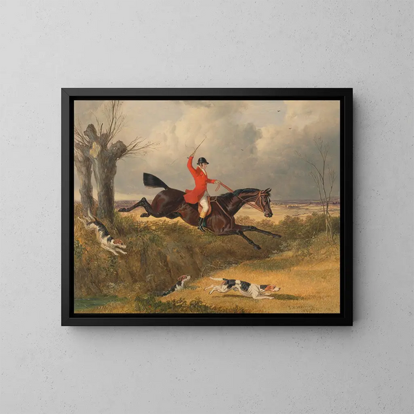 Jacht door de bossen die een gracht oversteken - John Frederick Herring de Oude — ingelijst kunstwerk aan de muur
