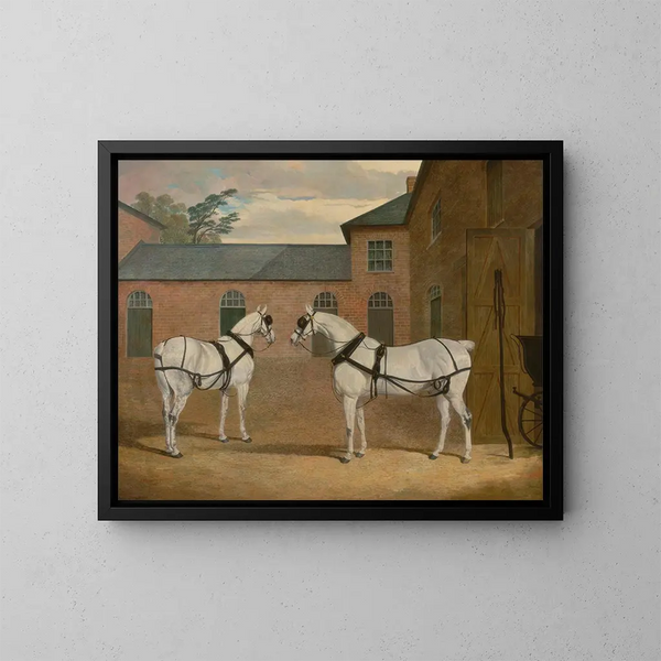 van Grijze trekpaarden in de binnenplaats van de auto in Putteridge Bury, Hertfordshire - John Frederick Herring de Oude — ingelijst kunstwerk aan de muur