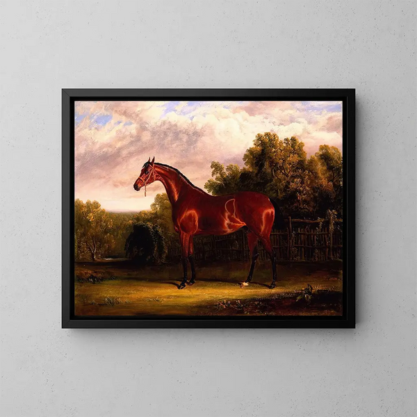 onderhandelaars, een kastanjebruine paard in een landschap - John Frederick Herring de Oudere — ingelijst kunstwerk aan de muur