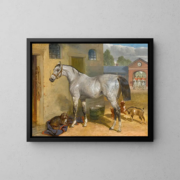 van een van de Scots Greys in een binnenplaats met een hond en geiten - John Frederick Herring de Oude — ingelijst kunstwerk aan de muur