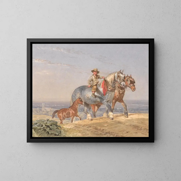 Een landbouwer die een van de twee trekpaarden omhoog rijdt op een heuvel - John Frederick Tayler — ingelijst kunstwerk aan de muur