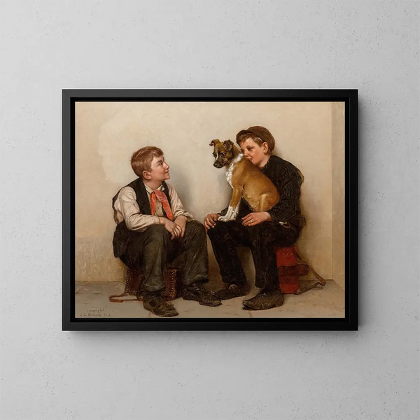 Twee jongens die schoenen poetsen met een hond - John George Brown — ingelijst kunstwerk aan de muur