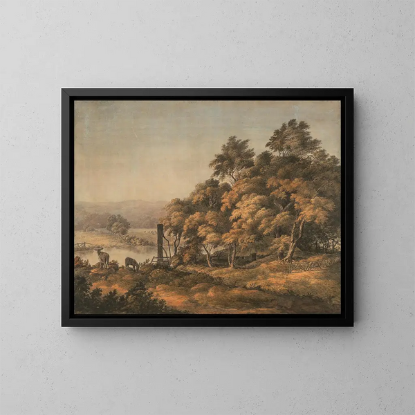 Een uitgestrekt rivierlandschap met ezels - John Glover — ingelijst kunstwerk aan de muur