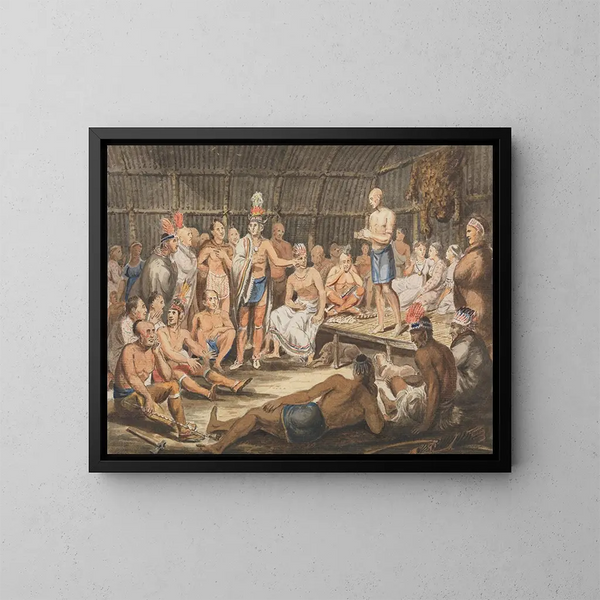 Tentoonstelling van de indiaanse ceremoniële rituelen in het Olympisch theater van Philadelphia - John Lewis Krimmel — ingelijst kunstwerk aan de muur