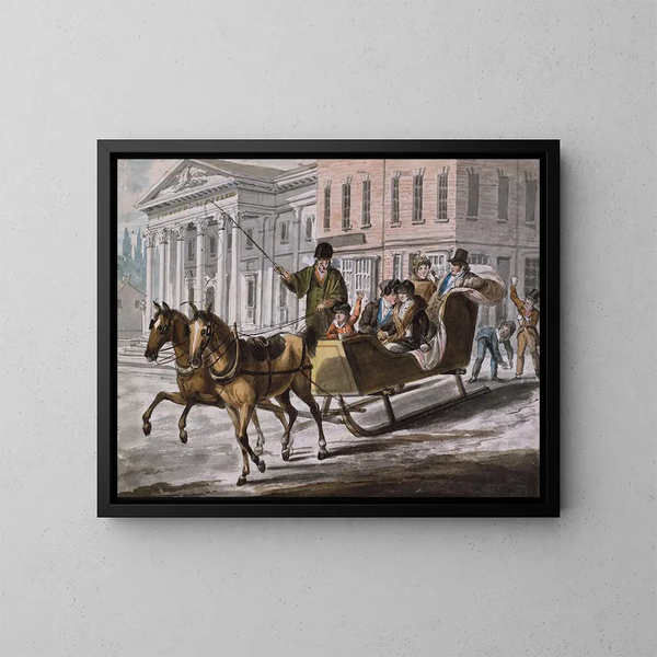 Winterlandschap in Philadelphia, de Bank van de Verenigde Staten op de achtergrond - John Lewis Krimmel — ingelijst kunstwerk aan de muur