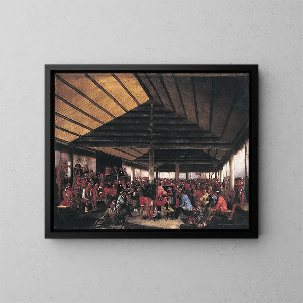 Internationaal Indiaas advies schilderij gehouden in Tallequah, Indiaans territorium, in 1843 - John Mix Stanley — ingelijst kunstwerk aan de muur