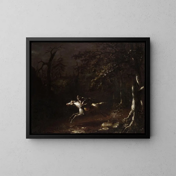 Ichabod Crane die op de koploze ruiter vlucht - John Quidor — ingelijst kunstwerk aan de muur