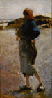 Jonge vrouw op het strand Schets voor Ramasseuses d'huîtres de Cancale - John Singer Sargent — weergave van het kunstwerk