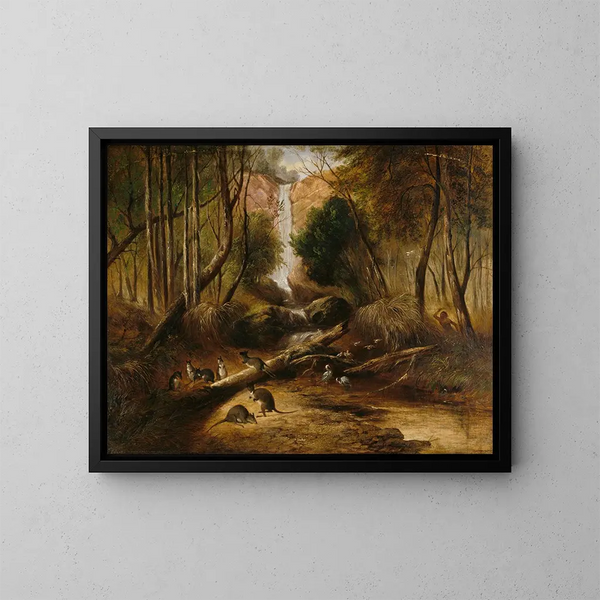 Landschapschilderij met bush, waterval en een Aboriginal die in New South Wales inheemse dieren achtervolgt - John Skinner Prout — ingelijst kunstwerk aan de muur