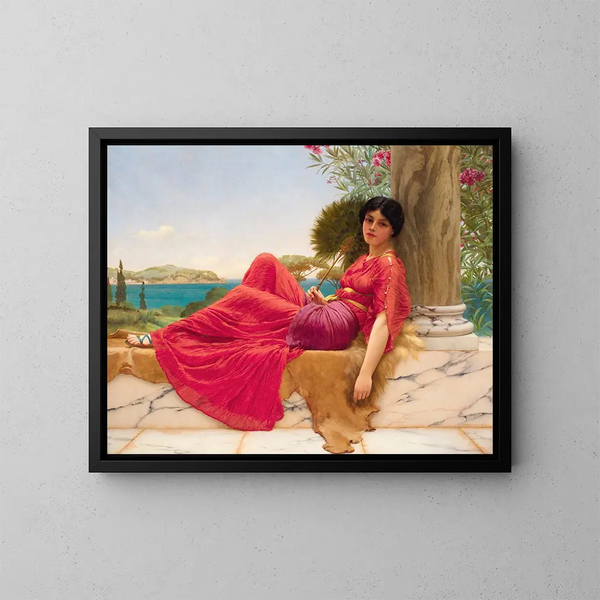van een schilderij tegen een pilaar - John William Godward — ingelijst kunstwerk aan de muur