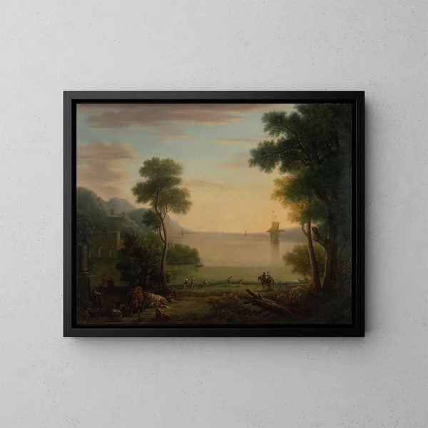 Klassiek landschapsschilderij met figuren en dieren bij zonsondergang - John Wootton — ingelijst kunstwerk aan de muur