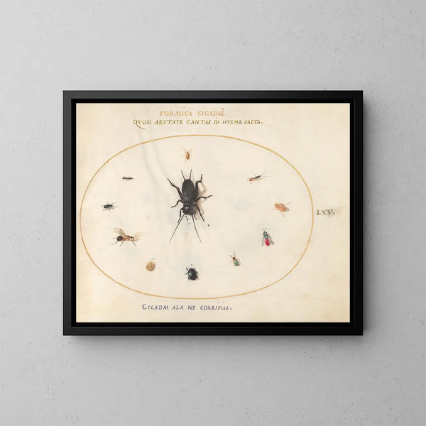 Platina 65 Een krekel omringd door insecten, inclusief een wespen met een robijnrode staart - Joris Hoefnagel — ingelijst kunstwerk aan de muur