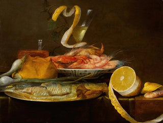 Joris van Son - Tabletop still life including a herring on a pewter dish a porcelain bowl of shrimp a wine glass and a partiallypeeled lemon.webp
