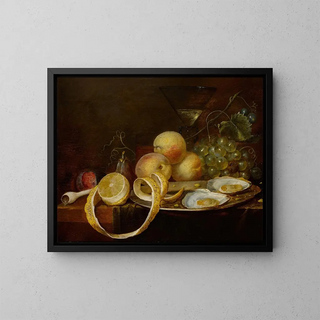 Joris van Son - Tabletop still life including two oysters on a pewter dish a wine glass a partiallypeeled lemon and an assortment of fruit.webp