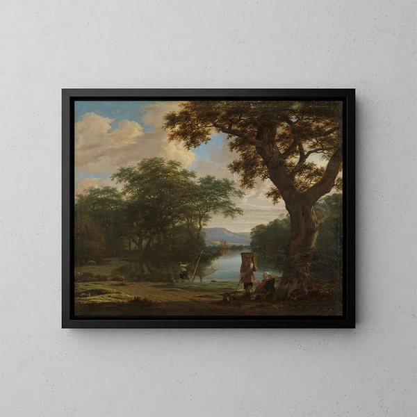 Landschap met een visser en een vierkant net - Joris van der Haagen — ingelijst kunstwerk aan de muur