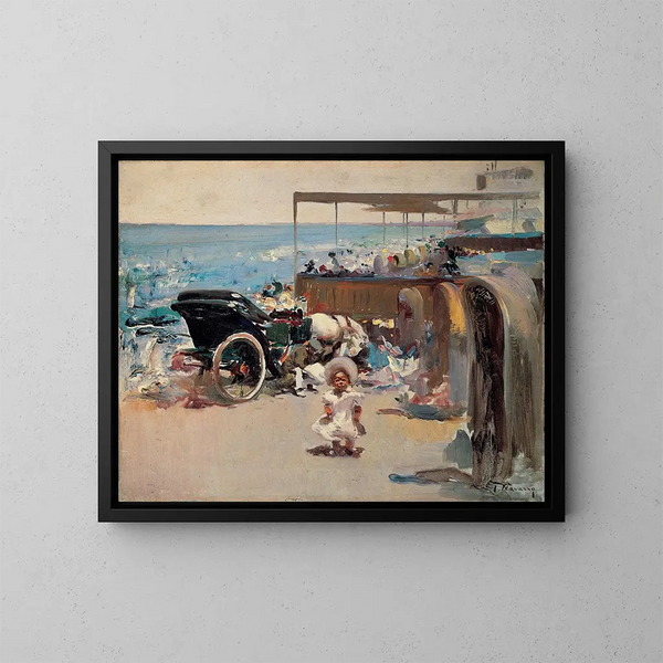 Koets met paard en kind op het strand - José Navarro y Llorens — ingelijst kunstwerk aan de muur