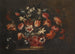 Natuurgetrouw Schilderij met een Mandje Tulpen, Anjers en Andere Bloemen op een Steenpodiaal - José de Arellano — weergave van het kunstwerk