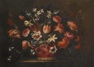 Jos de Arellano - A Still Life With A Basket Of Tulips Carnations And Other Flowers On A Stone Plinth.webp
