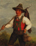Jonge boer in traditionele kleding met staf voor een berglandschap