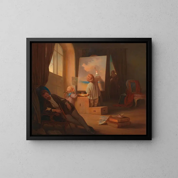 De slapende schilder - Josef Danhauser — ingelijst kunstwerk aan de muur