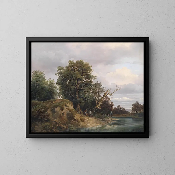 Vissersschilderij aan de rand van de rivier - Josef Feid — ingelijst kunstwerk aan de muur