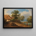 Landscape painting with thatched roof farms and decorative figures - Josef Höger — framed artwork on a wall