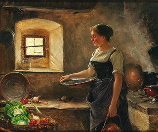 Een rustieke keuken - Josef Kinzel — weergave van het kunstwerk