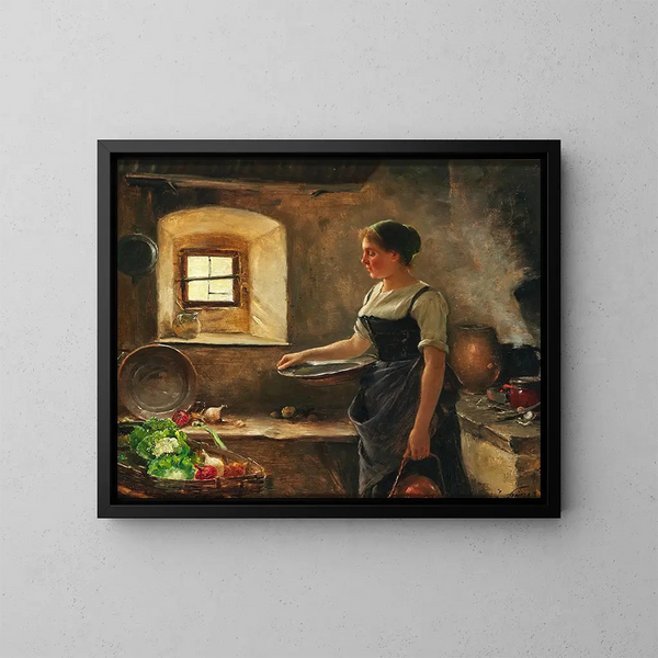 Een rustieke keuken - Josef Kinzel — ingelijst kunstwerk aan de muur