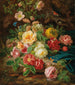 Nature morte avec roses et papillons au bord d'un ruisseau dans une forêt - Josef Lauer — artwork view