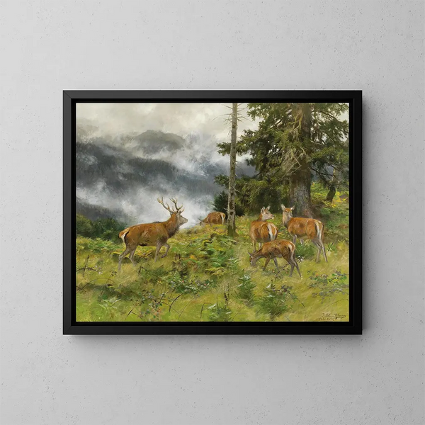 Hert in de ochtendmist - Josef Schmitzberger — ingelijst kunstwerk aan de muur
