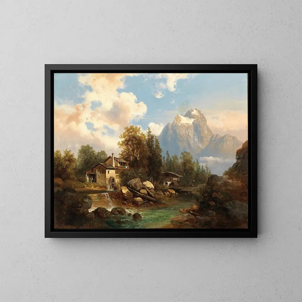 van een molen aan de rand van een bergrivier met op de achtergrond het Dachstein-massief - Josef Thoma — ingelijst kunstwerk aan de muur