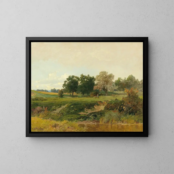Landschap met vrouw die hout verzamelt - Josef Willroider — ingelijst kunstwerk aan de muur