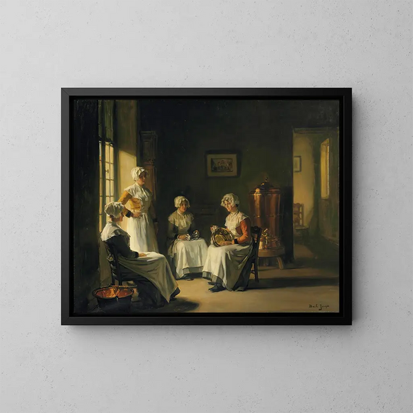 Een interieur met vrouwen die brons polijsten - Joseph Bail — ingelijst kunstwerk aan de muur