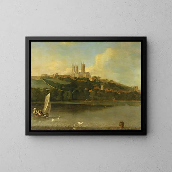 Uitzicht op de kathedraal en de stad Lincoln vanaf de rivier - Joseph Baker de Lincoln — ingelijst kunstwerk aan de muur