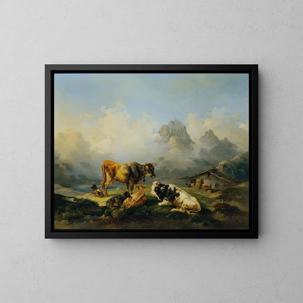 Alpage met runderen - Joseph Heicke — ingelijst kunstwerk aan de muur