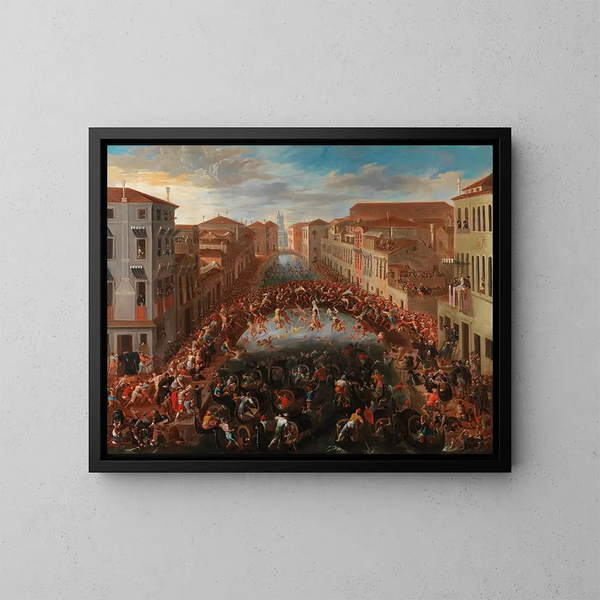 De gevechten op de brug van San Barnaba in Venetië - Joseph Heintz de Jonge — ingelijst kunstwerk aan de muur